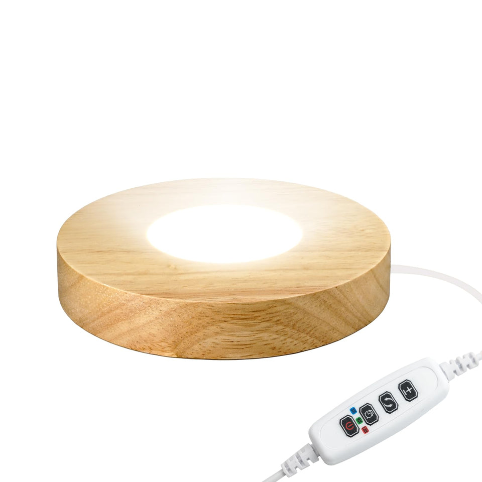 FuoiCorn Wood LED Base enhances crystal displays with warm yellow illumination.