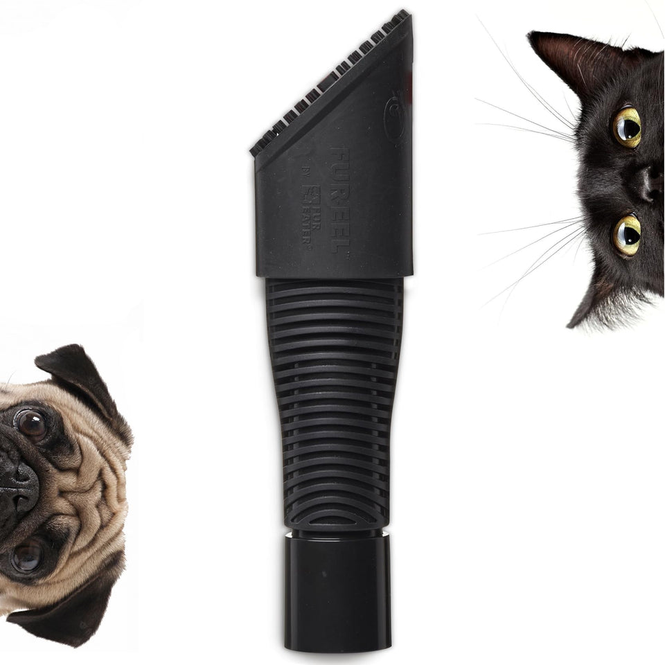 Fur-EEL pet hair removal tool on car seat helps remove embedded fur from upholstery.
