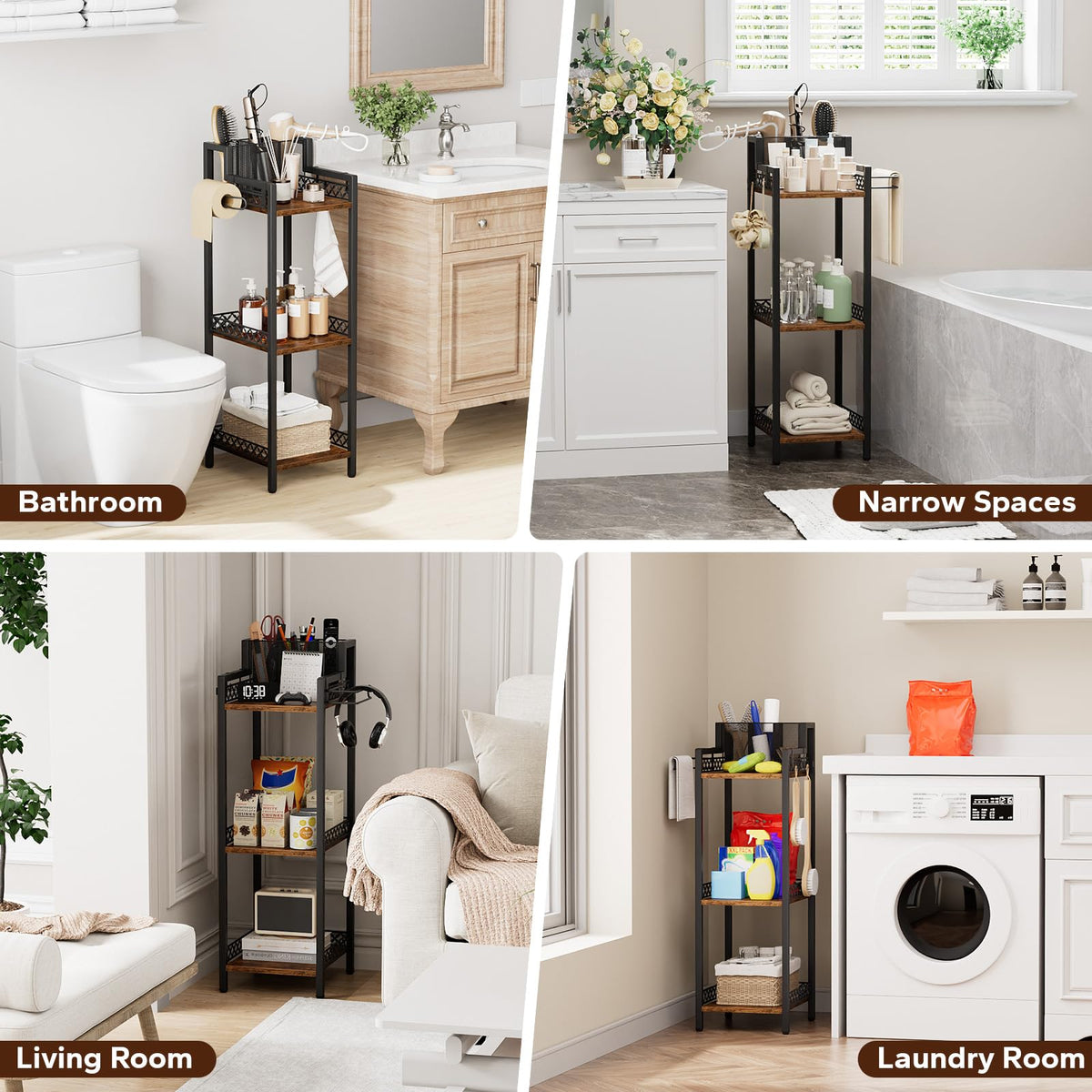 FURFUN freestanding floor organizer keeps towels and toiletries neatly arranged