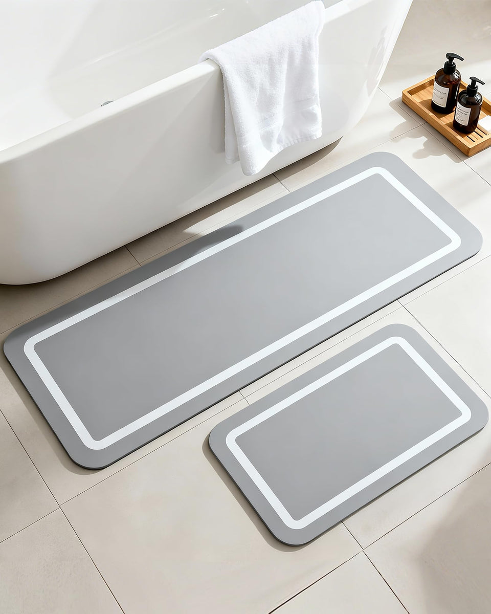 Furicher large soft diatomaceous-earth bath mat by shower exit for quick drying.