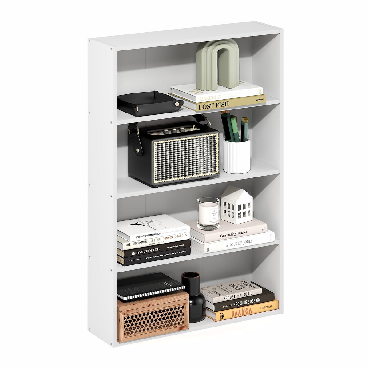 Furinno Basic Book Shelf 4-Tier Open design in white for compact book storage and display.