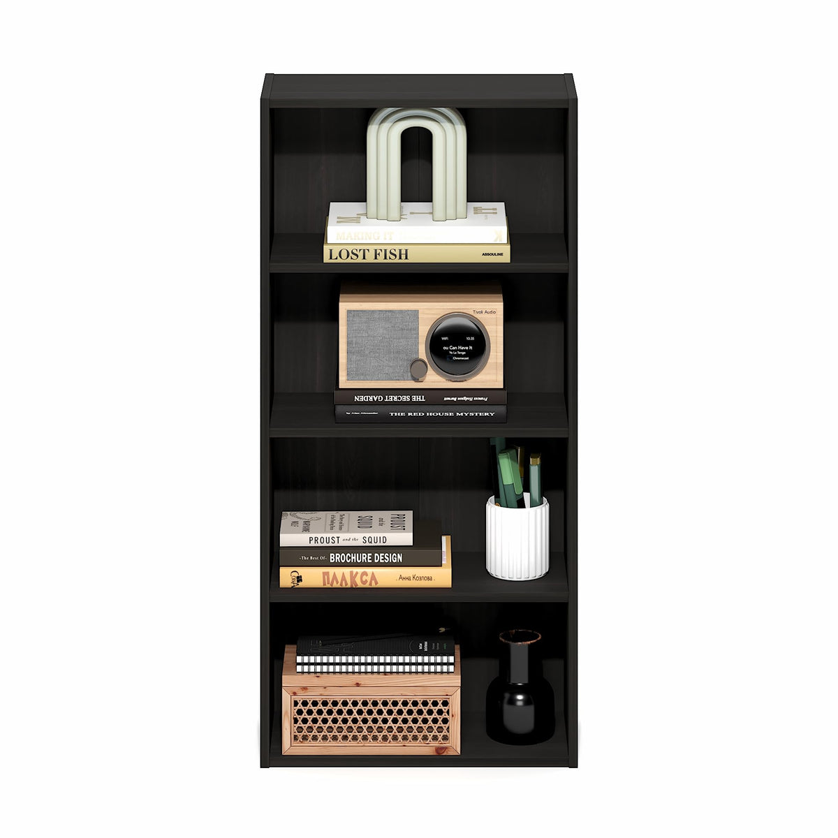 Furinno Basic Book Shelf holding books, plants, and decor to reduce clutter