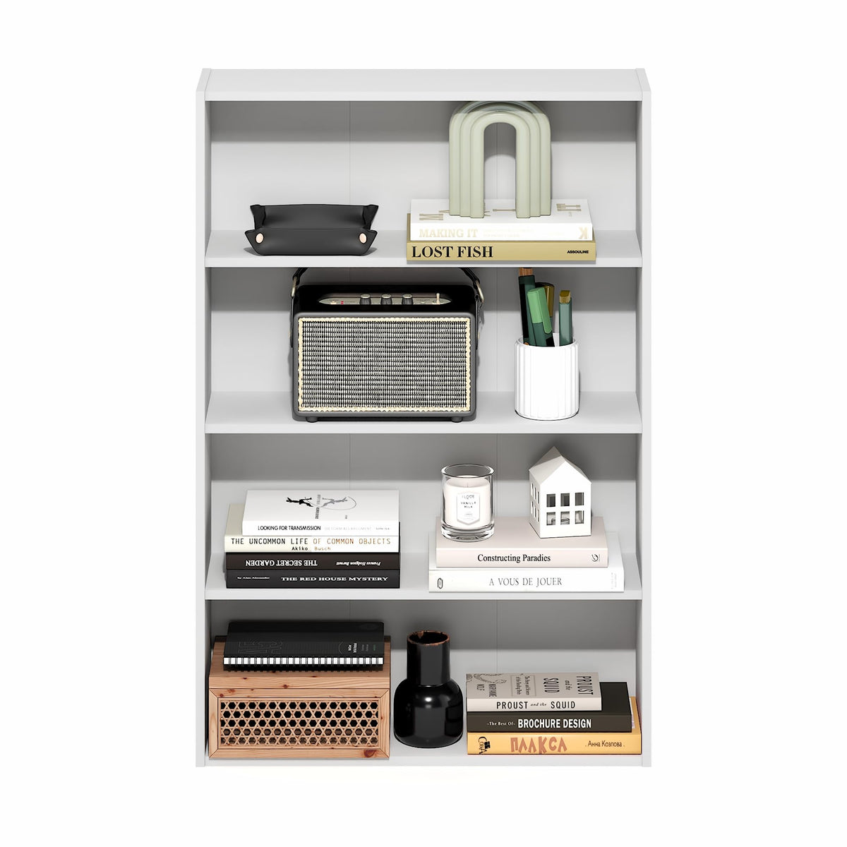 Furinno Basic Book Shelf white finish shown in a home office setup for versatile storage.
