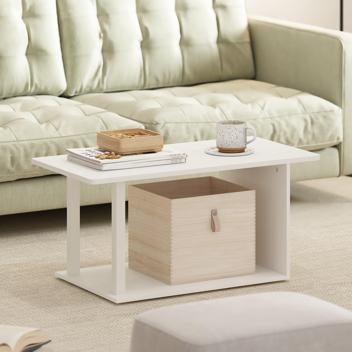 Furinno Basic coffee table open shelf keeps books and remotes neatly organized.