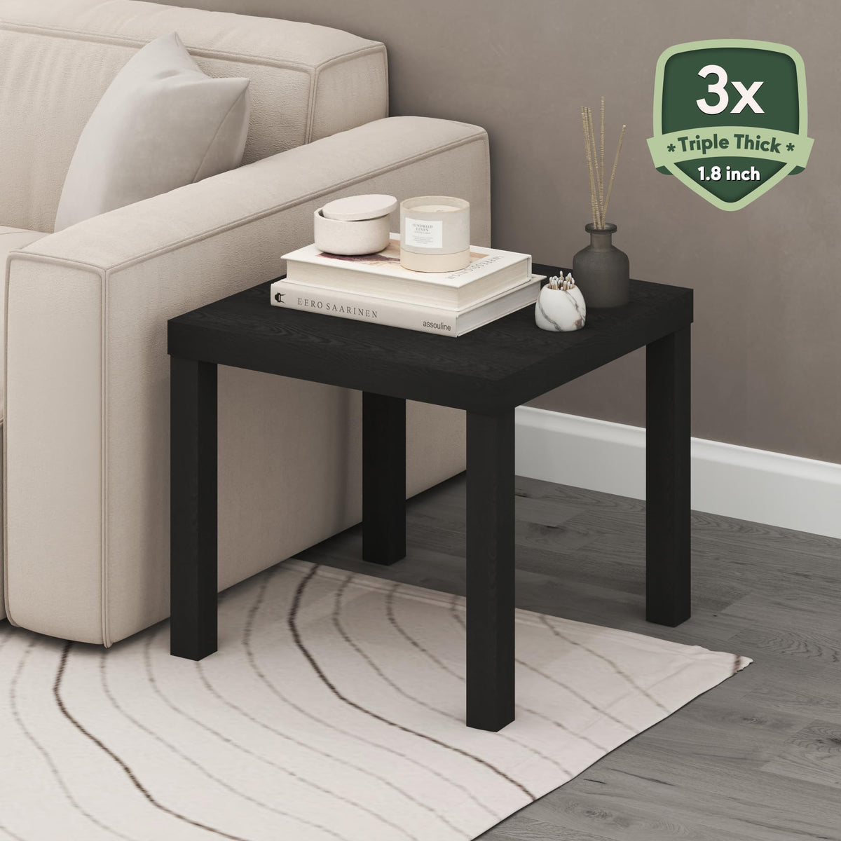 Furinno Classic Homey Square Side Table with lower shelf for books and decor.