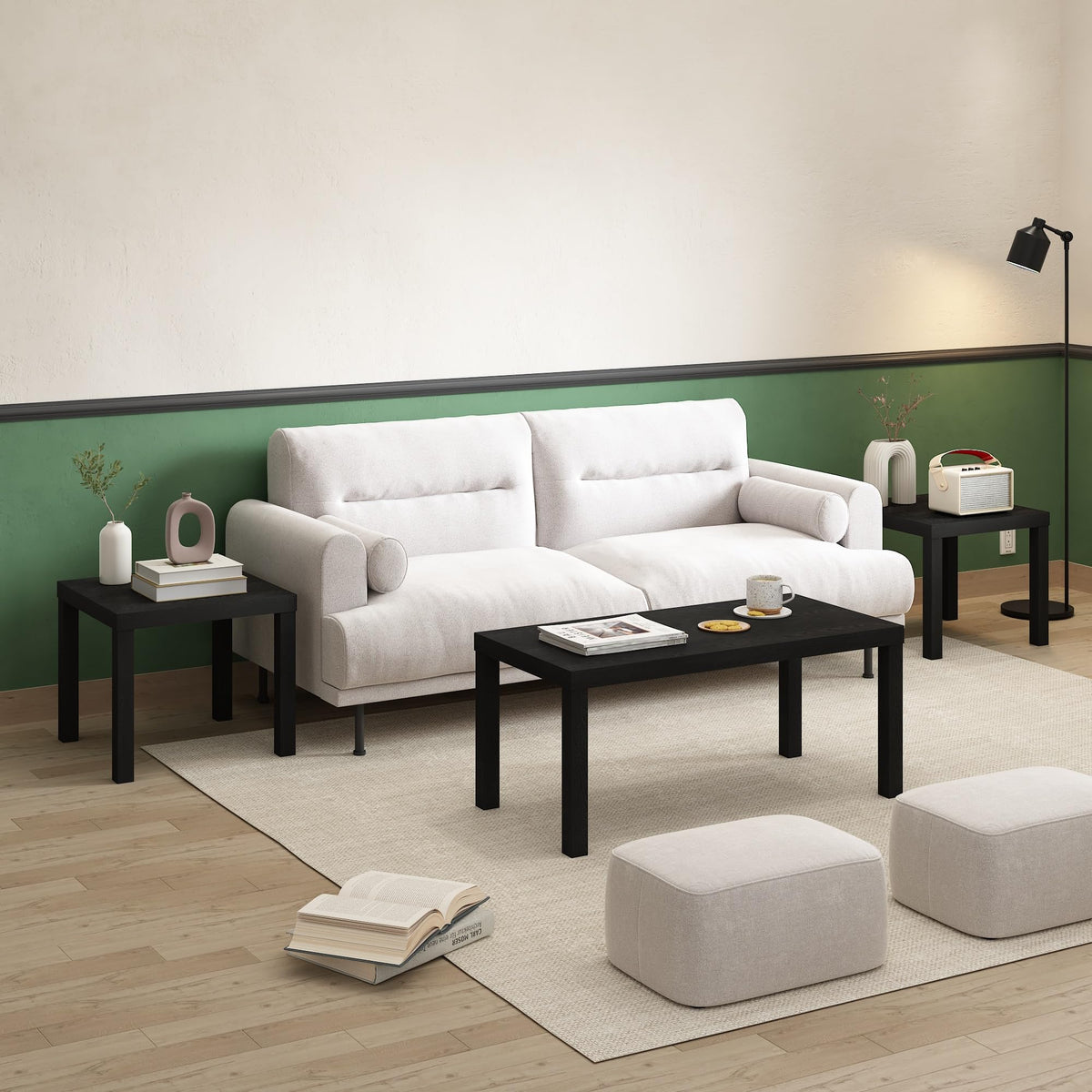 Furinno Homey square tables top and shelf view, versatile bedside companions.
