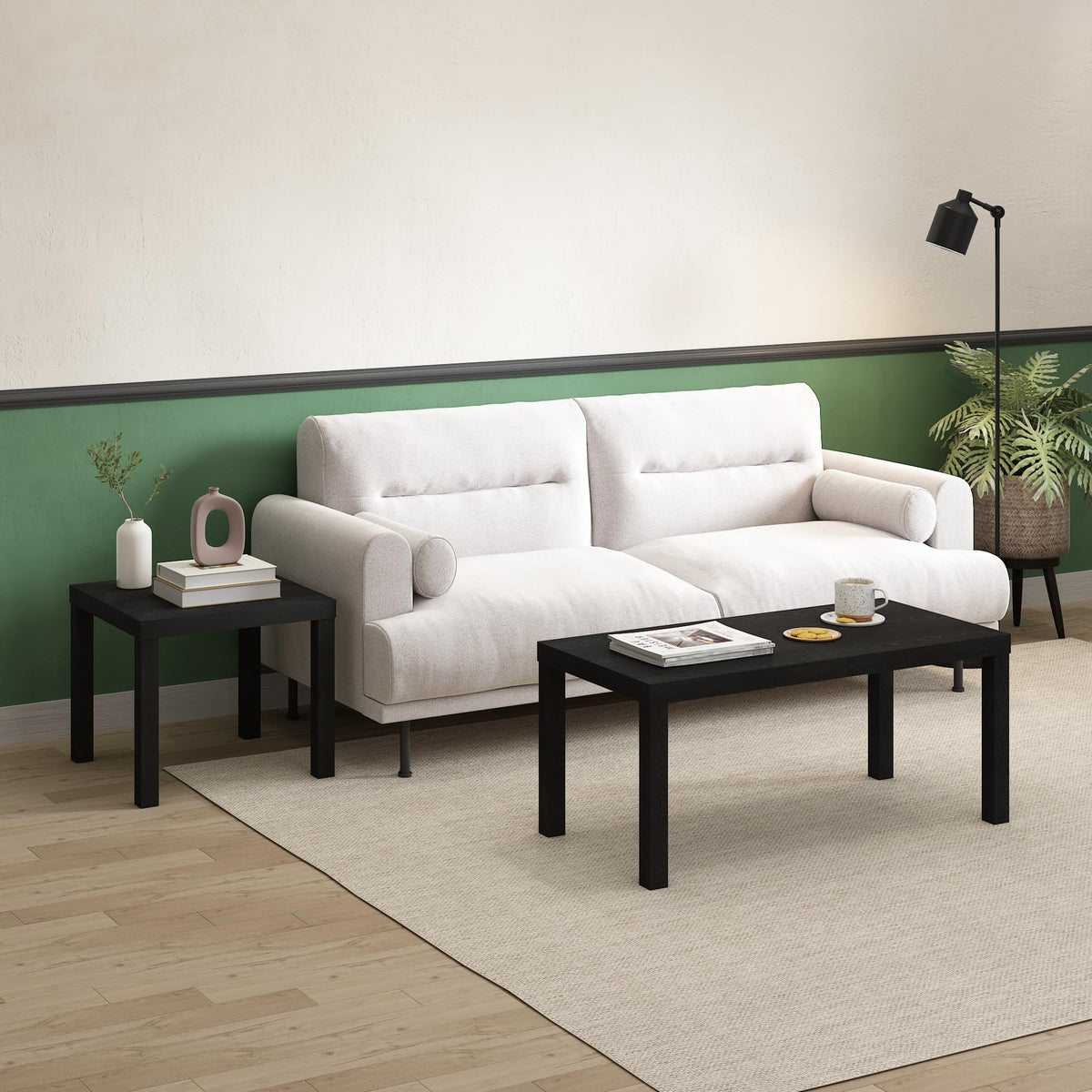 Furinno Classic Homey Square Side Table side angle emphasizing sturdy, compact footprint.
