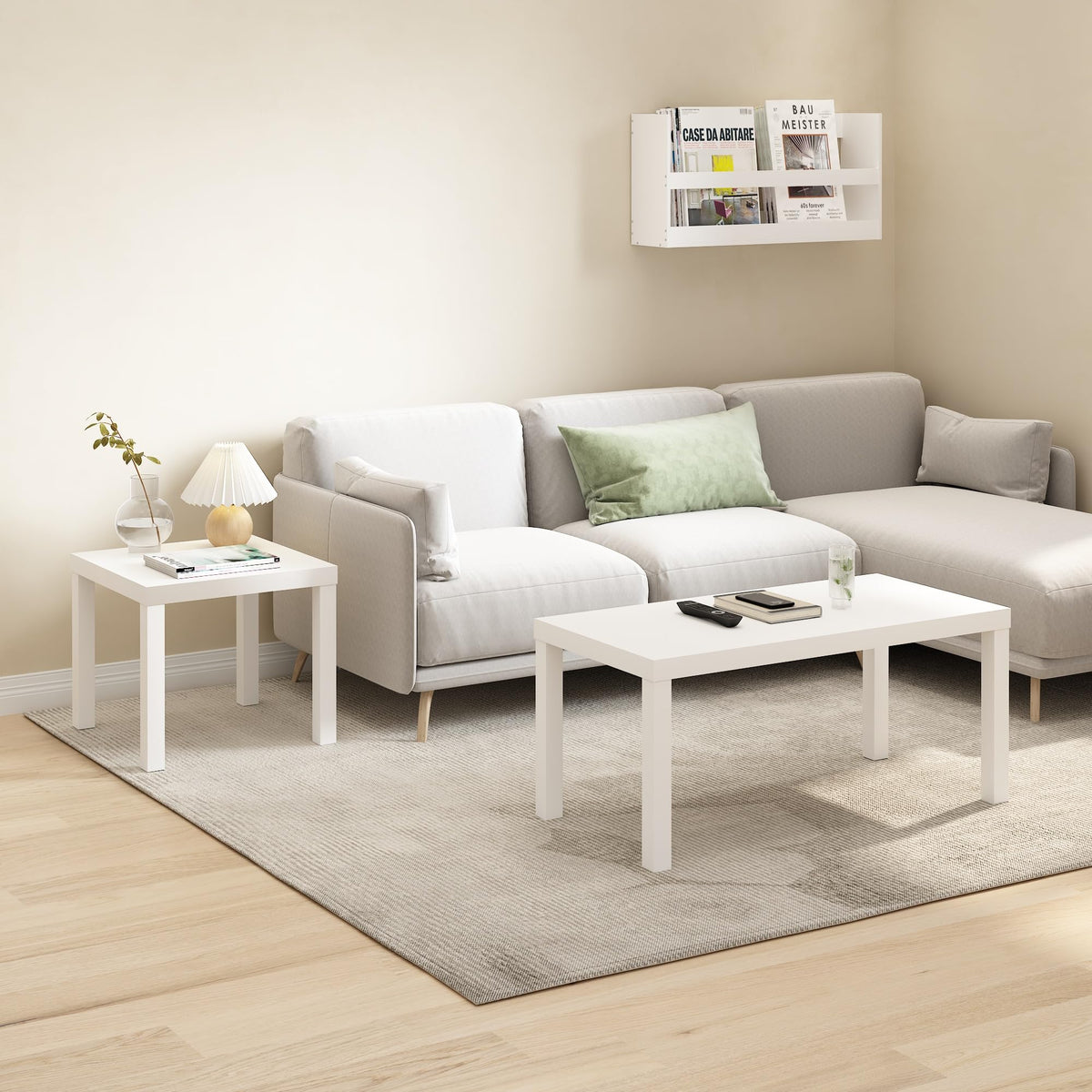 Furinno Classic side table with lamp on surface, showcasing stable display