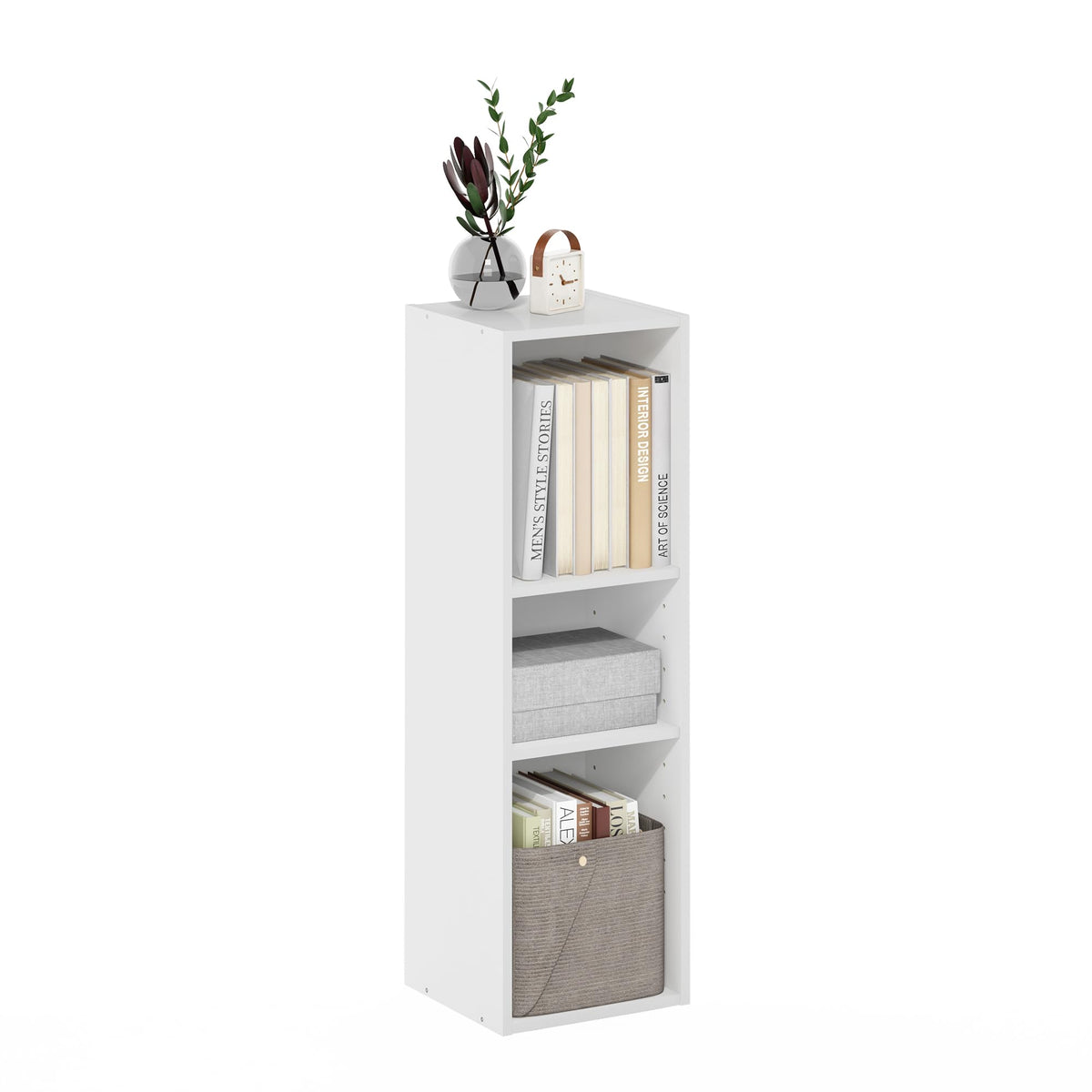 Furinno Fulda 3-tier narrow shelf in a compact corner, ideal for small spaces