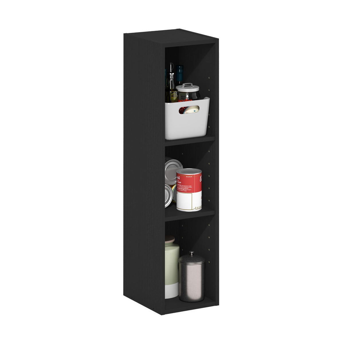 Furinno Fulda narrow book shelf front view in blackwood finish showing slim footprint