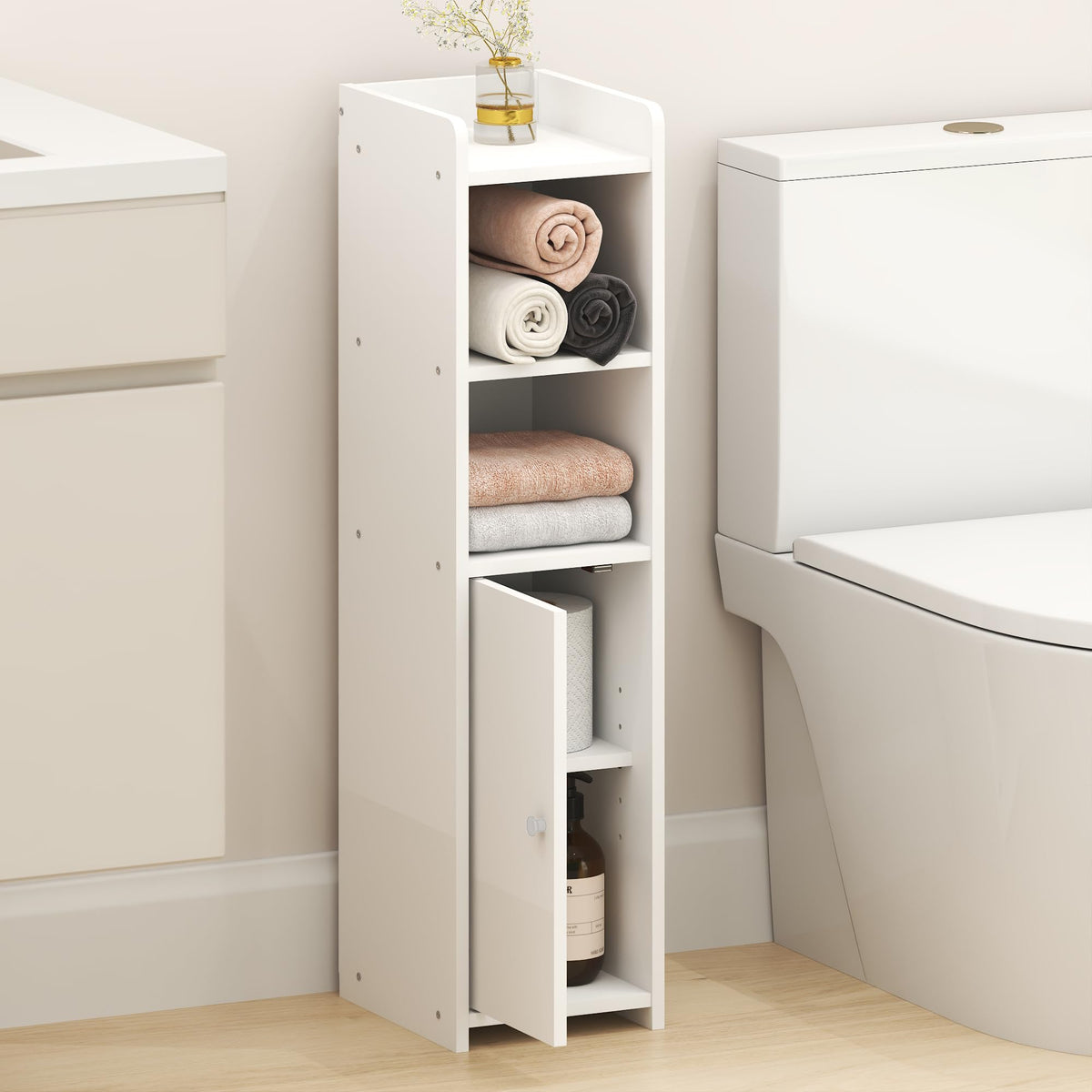Furinno Fulda door and shelves show organized daily essentials.