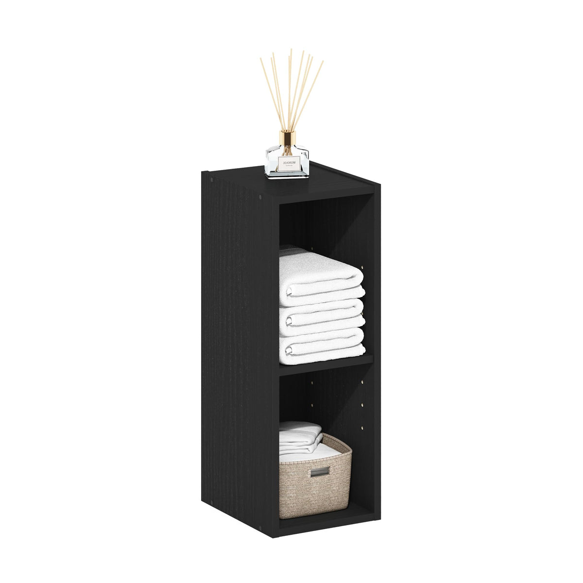 Furinno Fulda narrow book shelf front view shows compact design for small spaces.