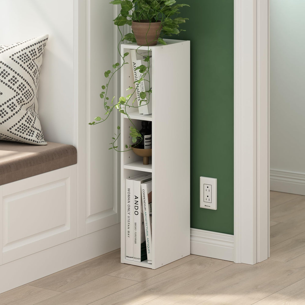 Furinno Fulda narrow 6-inch width storage unit organizing books and decor.