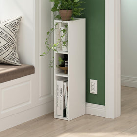Furinno Fulda narrow 6-inch width storage unit organizing books and decor.
