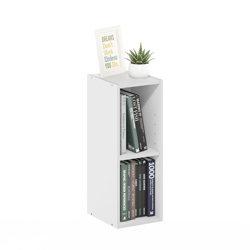 Furinno Fulda narrow book shelf front view showing compact 8-inch width for small spaces.