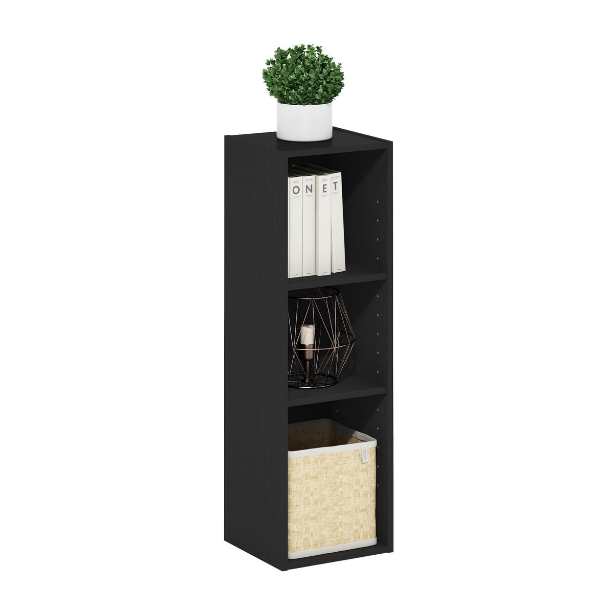 Furinno Fulda front view shows a slim bookcase for small spaces.