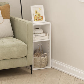 Furinno Fulda open storage two-tier bookshelf with books and decor on display