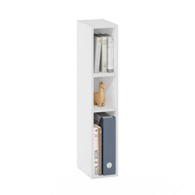 Furinno Fulda slim 3-tier book shelf displaying compact storage for small spaces.