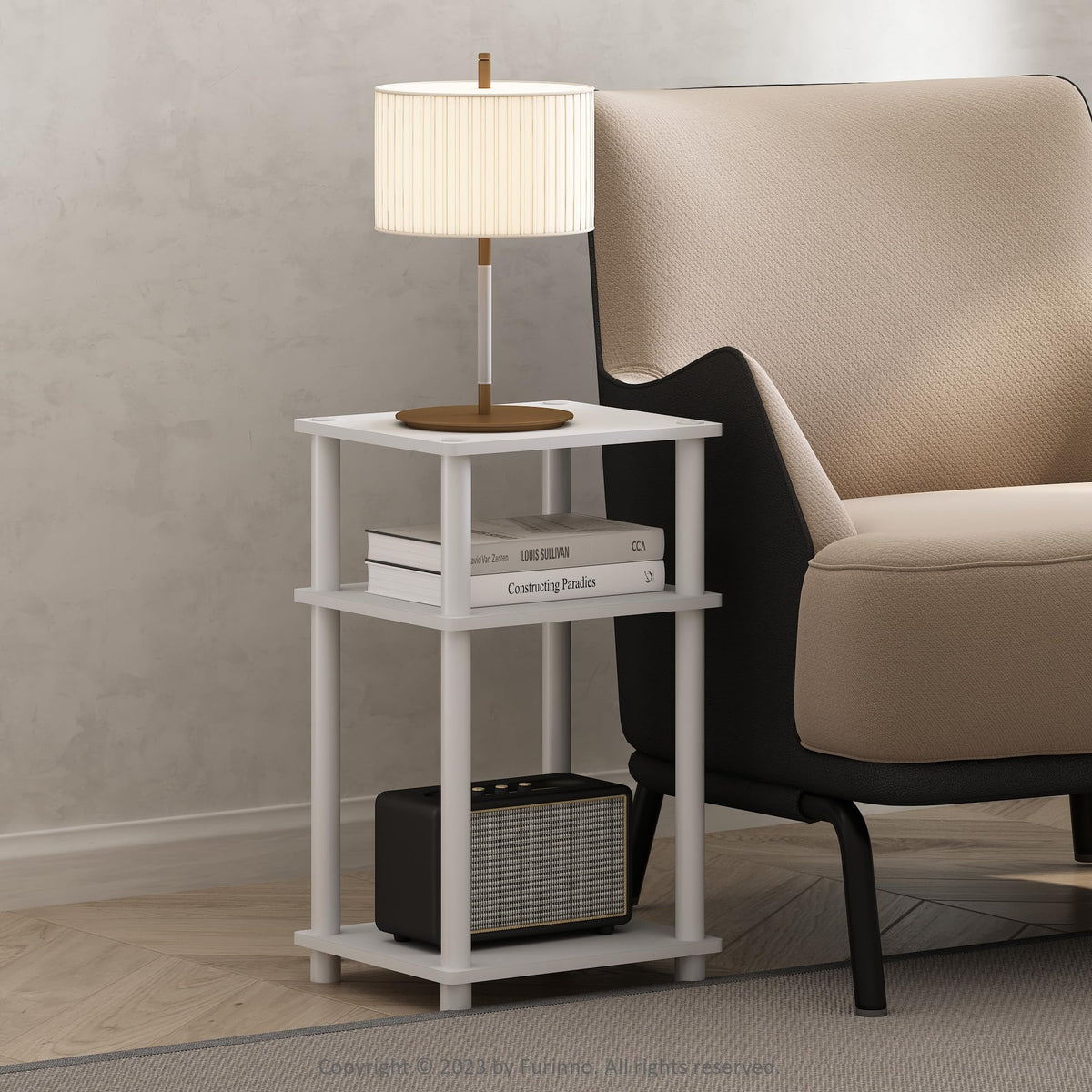 Furinno Just 3-Tier End Table front view shows compact storage.