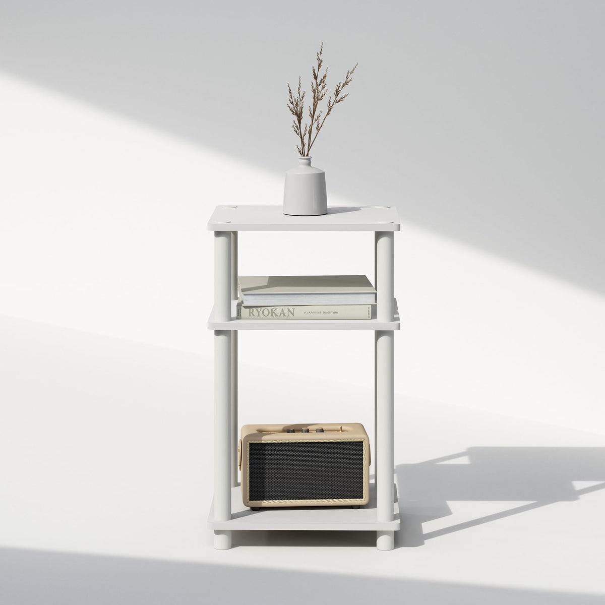 Furinno Just 3-Tier End Table in bedroom blends with decor.
