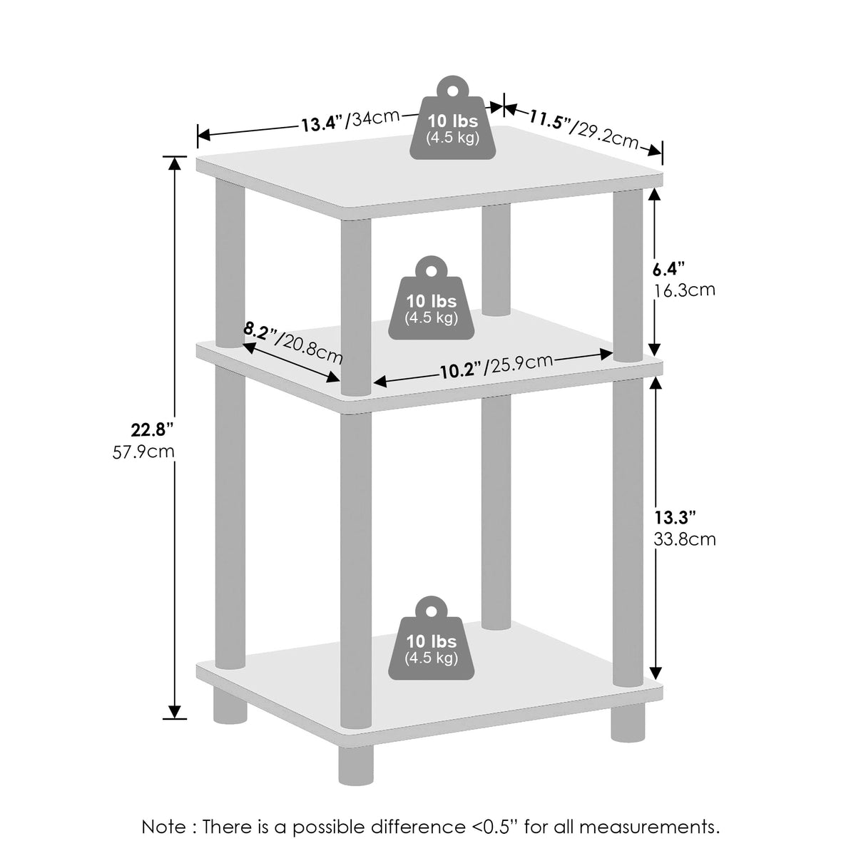 Furinno Just 3-Tier End Table side view saves space.