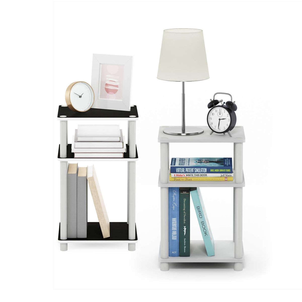 Furinno Just 3-Tier End Table in white beside a sofa for compact storage.