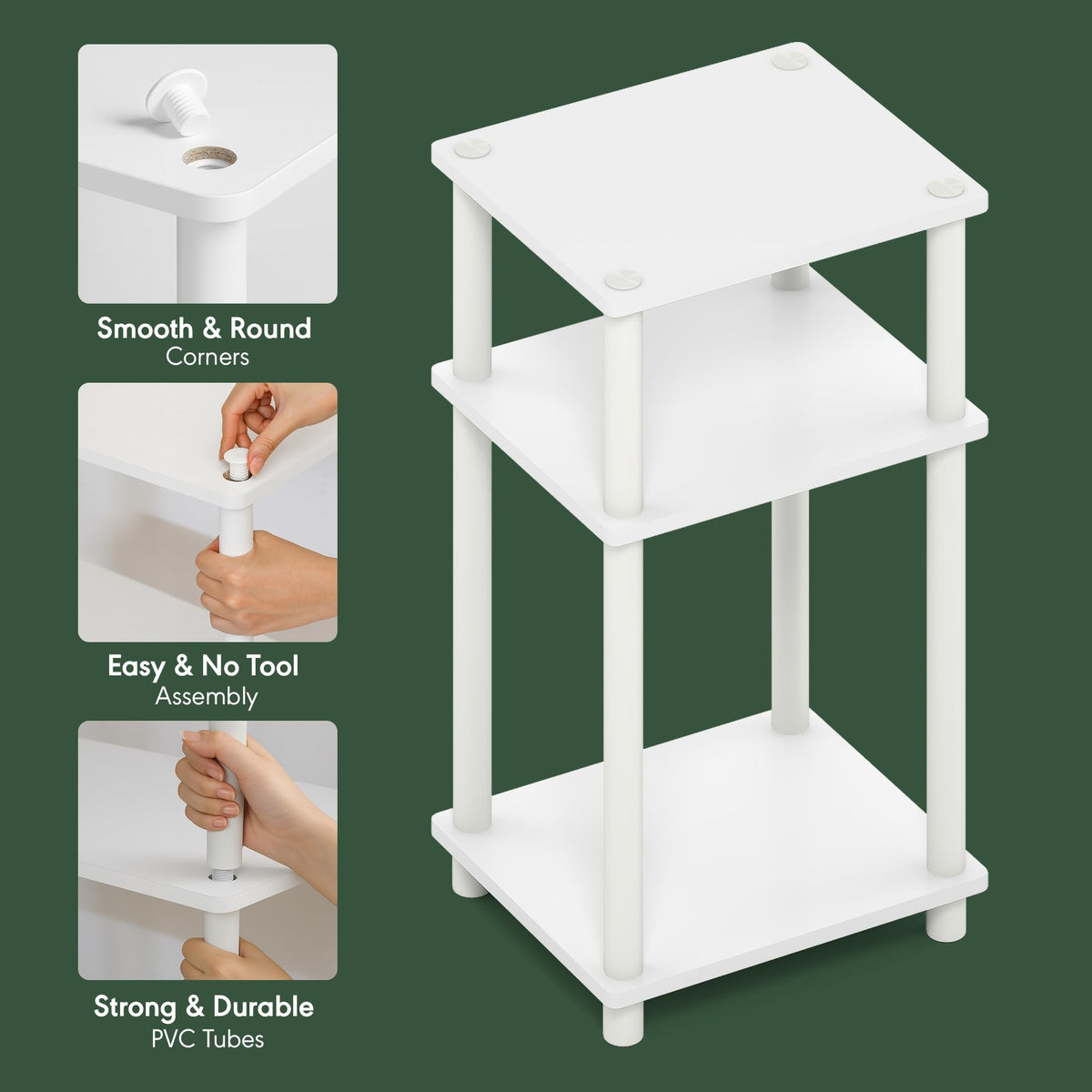 Furinno Just 3-Tier End Table suits compact rooms with a shallow depth.