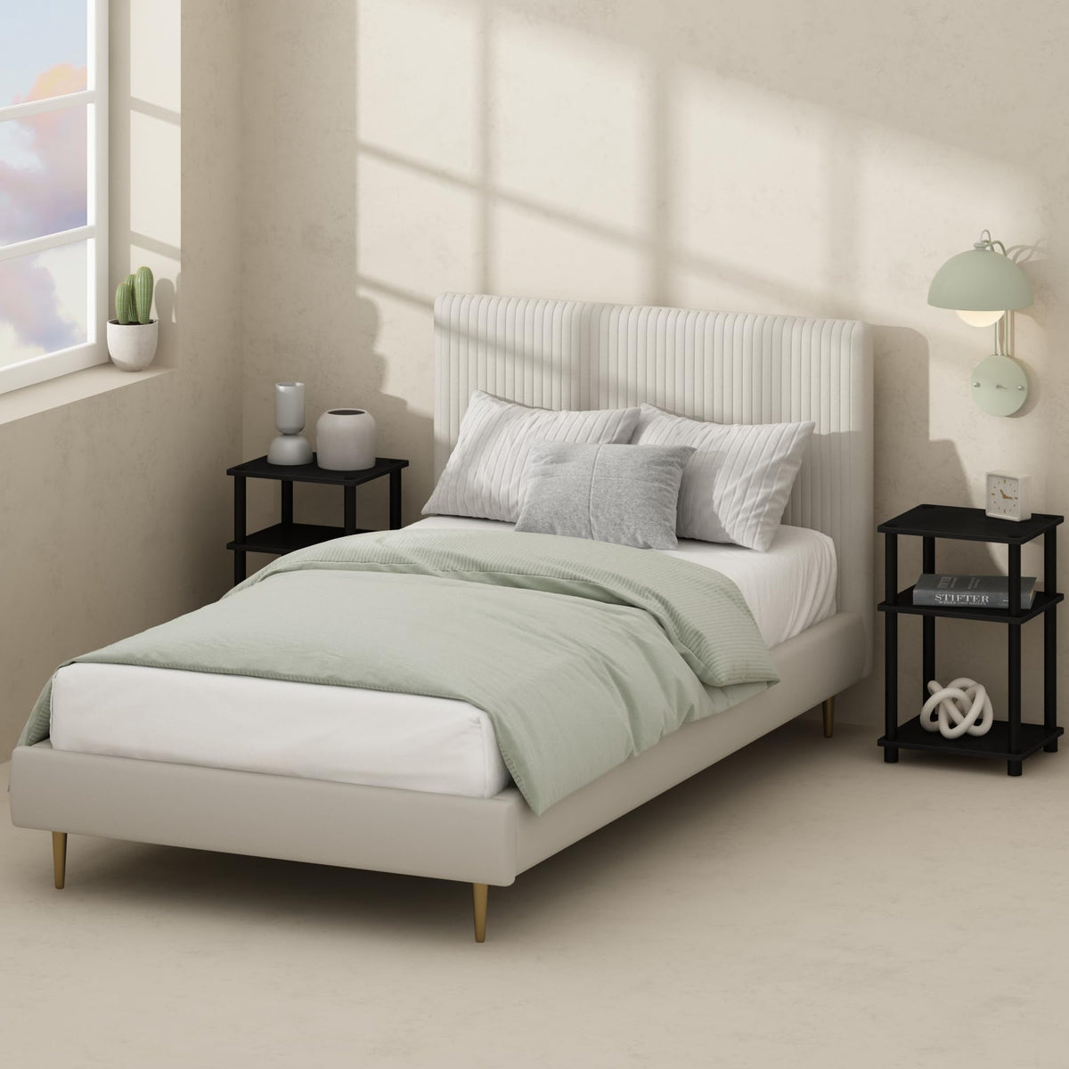 Furinno Just 3-Tier nightstand side view highlighting three accessible shelves