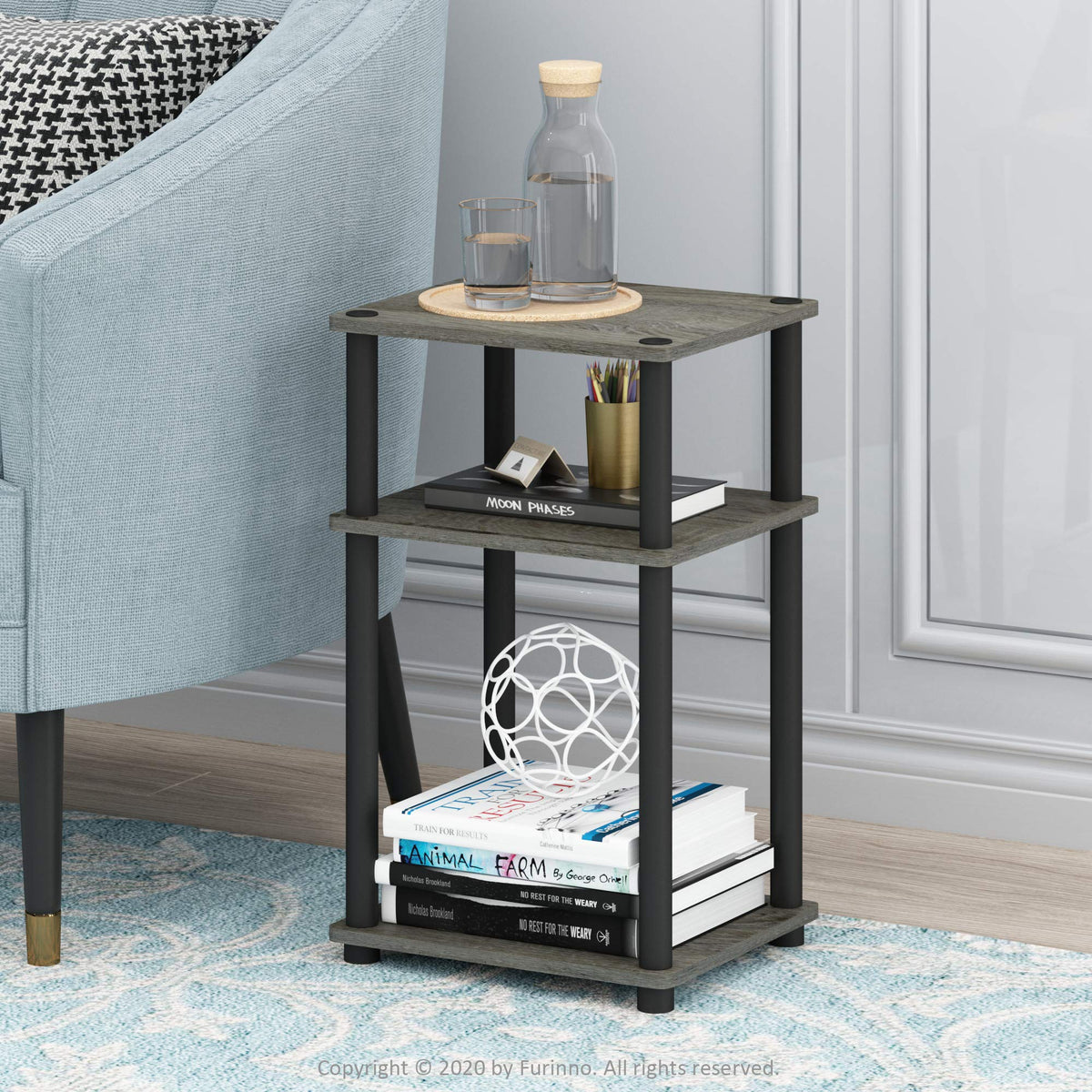 Furinno Just 3-tier open storage shelves keeps books organized and within reach.