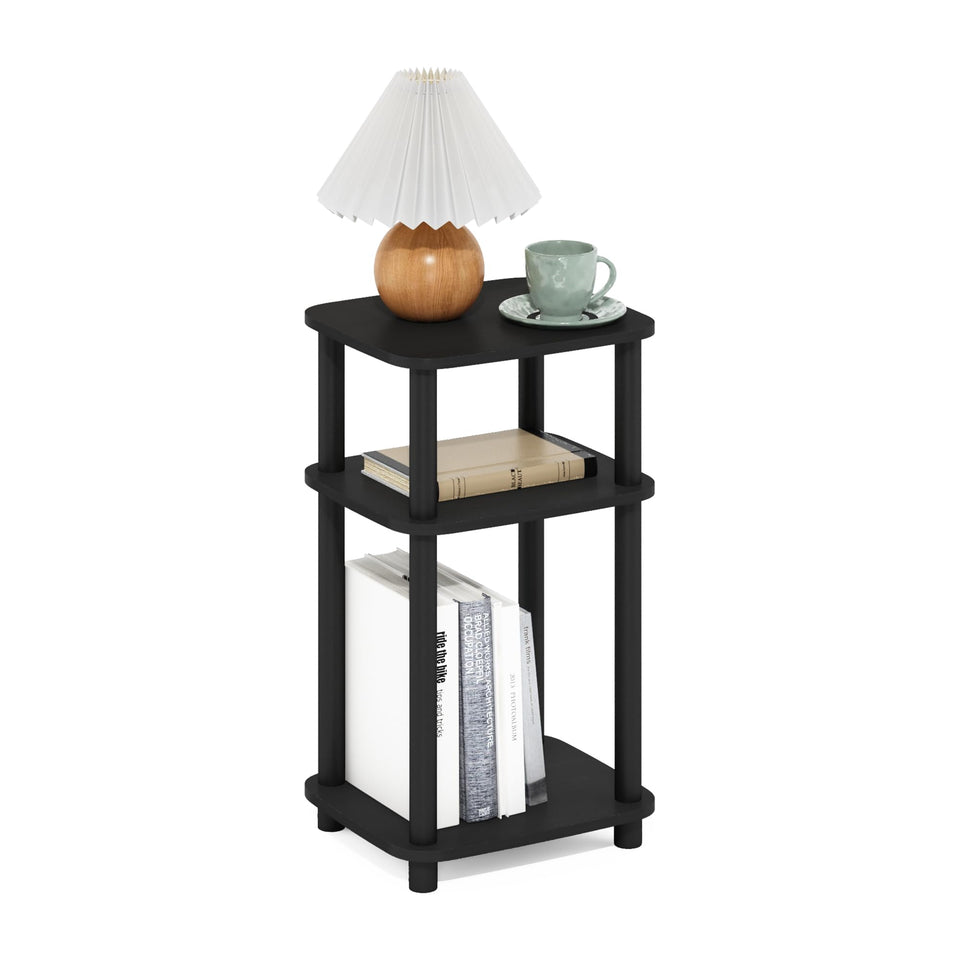Furinno Just 3-Tier Turn-N-Tube end table showing tool-free assembly in process