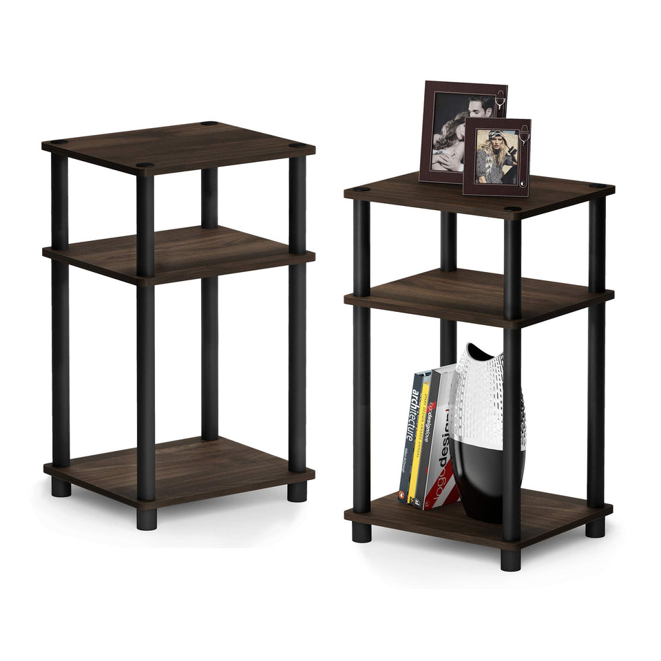Furinno Just 3-Tier end table with Columbia Walnut pack assembled, compact bedside storage.