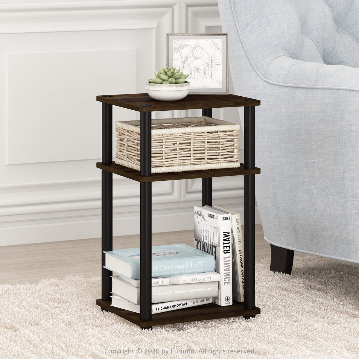Furinno JUST bedside table ready beside the bed with open shelves.