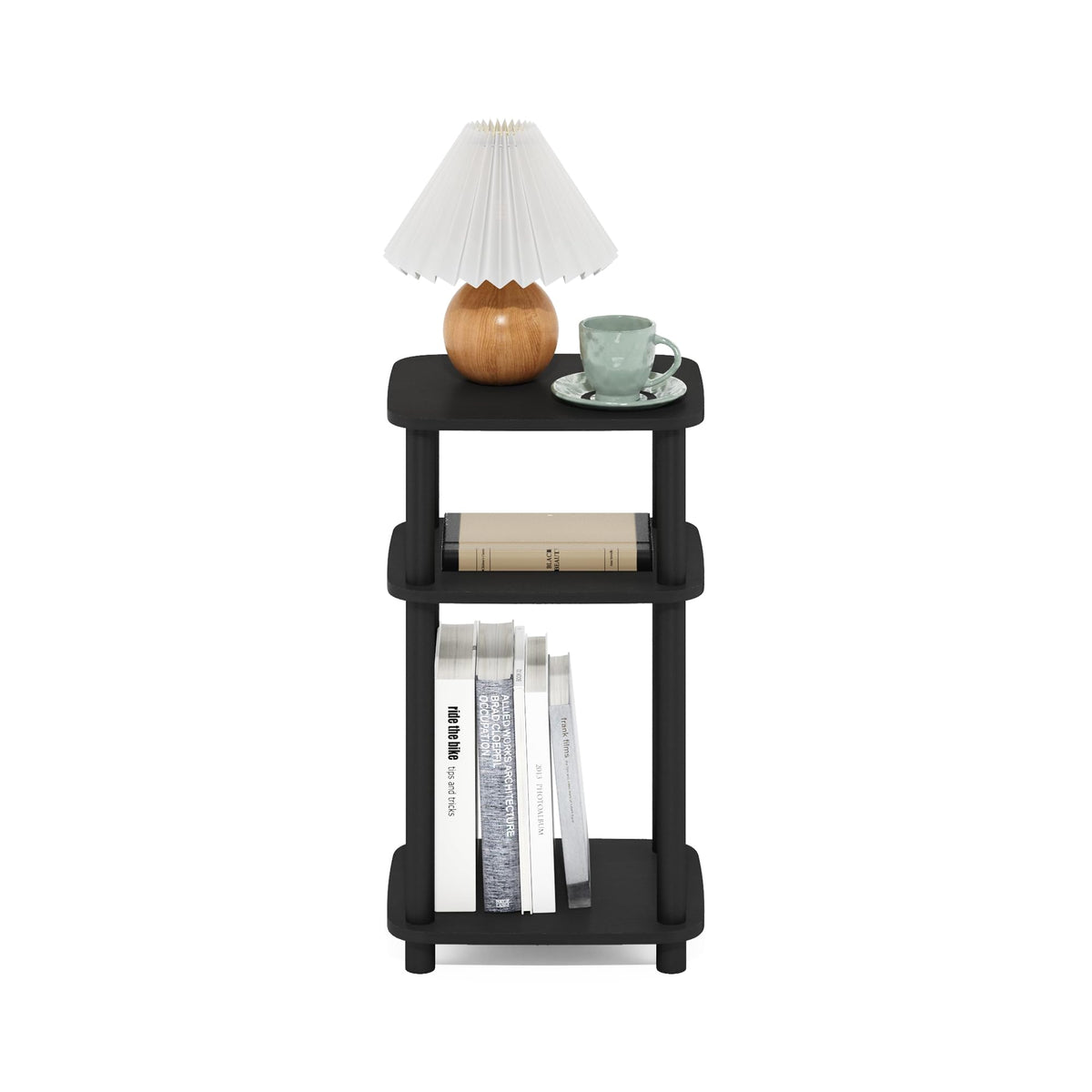 Furinno Just bedside table beside a bed in a living room setup