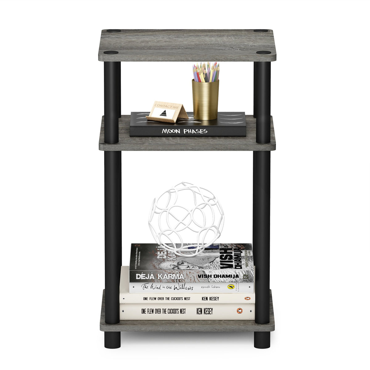 Furinno Just room storage fits into corners for extra organization.