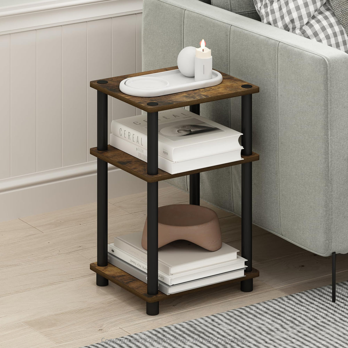 Furinno Just Side Table 3-tier open storage keeps books and decor within reach.