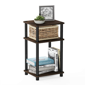 Furinno JUST side table with three open tiers in Columbia Walnut finish.