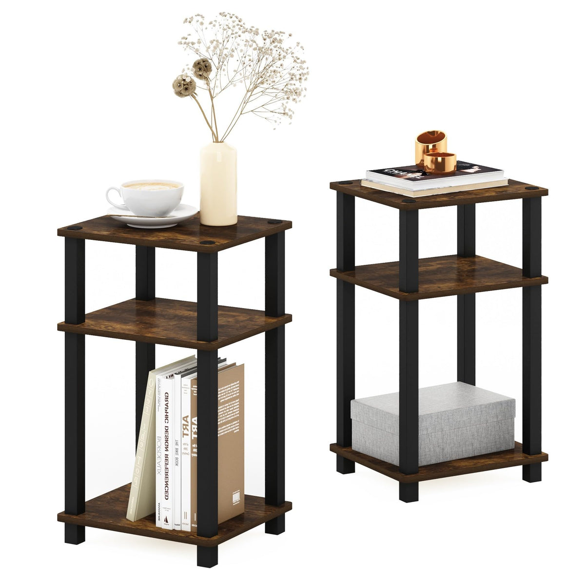 Furinno Just Side Table amber pine, front view, space-saving design for small rooms.