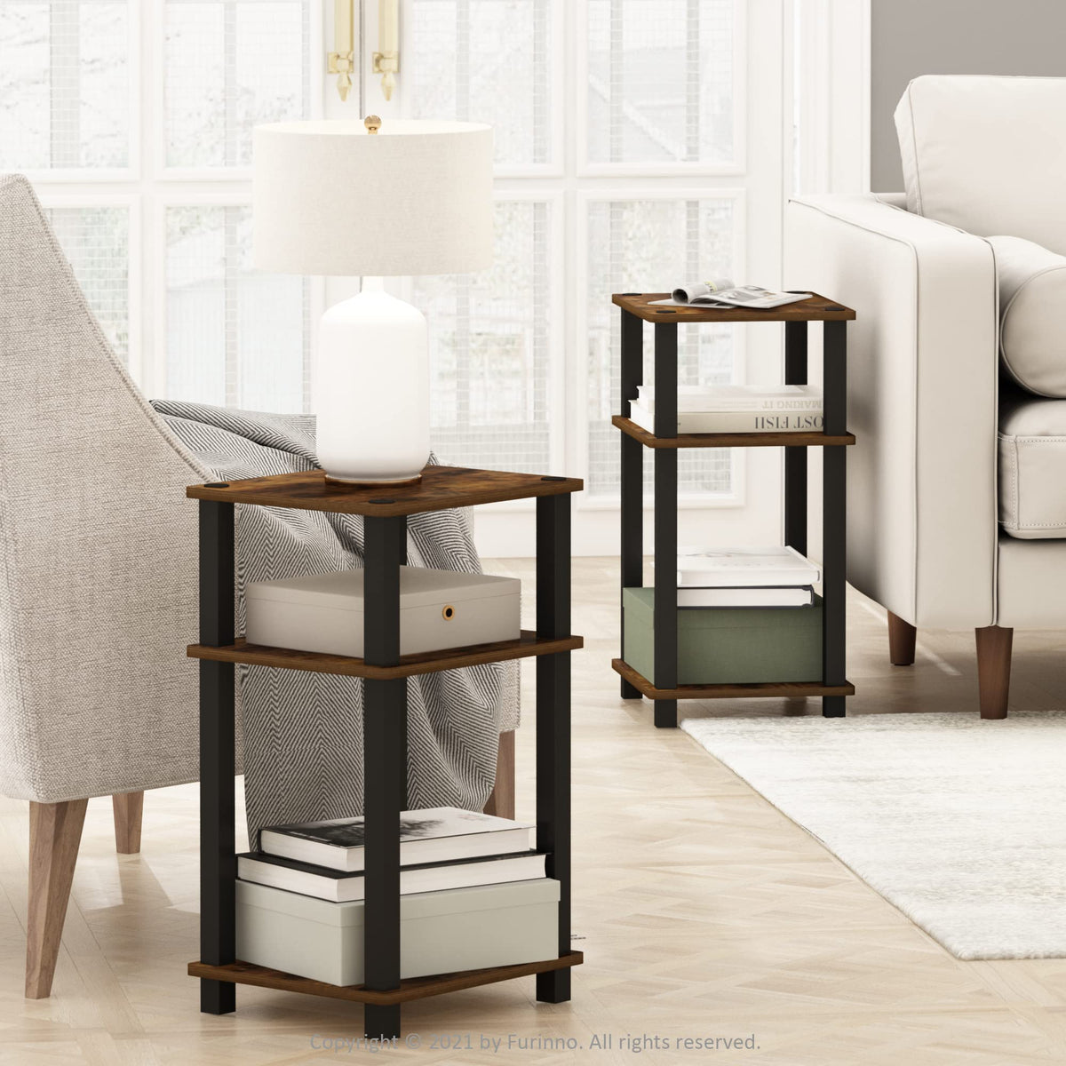 Furinno Just Side Table amber pine, toolless assembly enables quick setup.