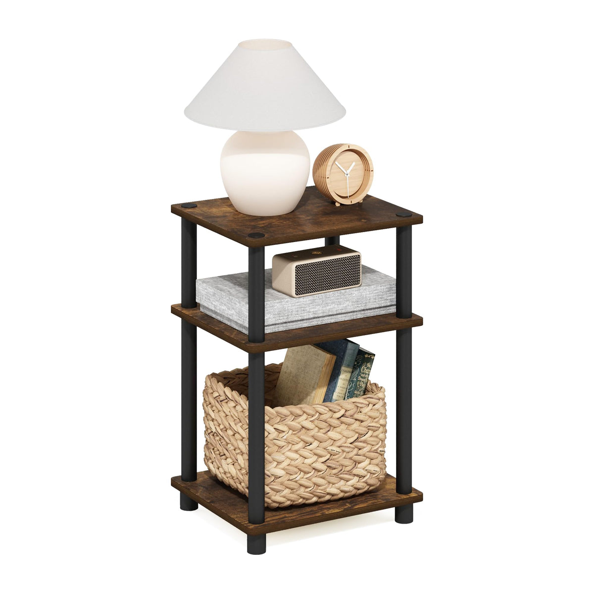 Furinno Just Side Table amber pine finish for compact spaces with organized storage.