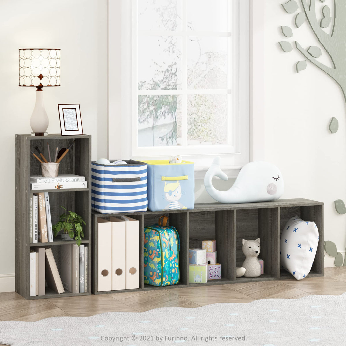 Furinno LUDER 3-Cube Shelf side view showcasing slim profile