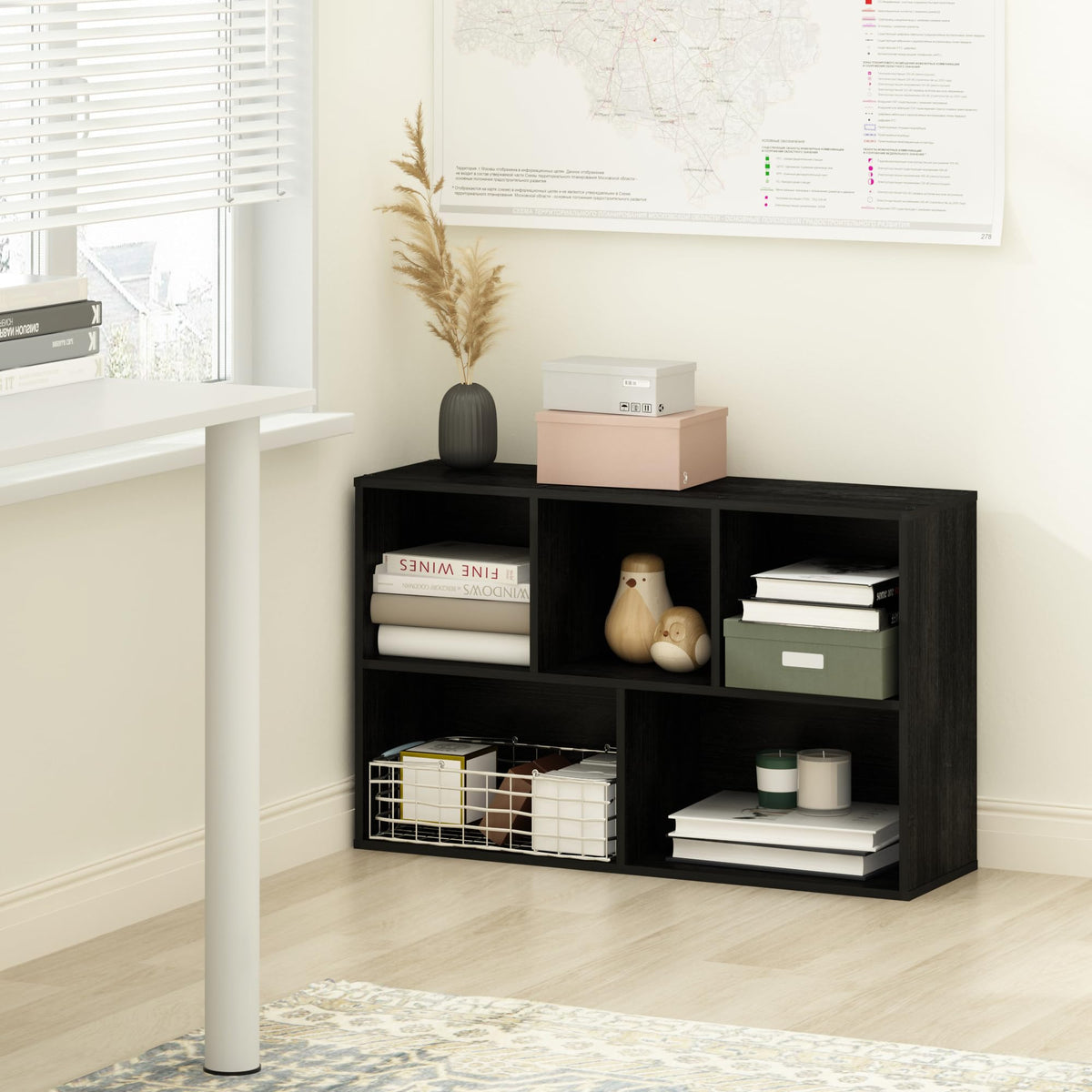 Furinno Luder side view demonstrates a tall, narrow footprint ideal for small rooms.