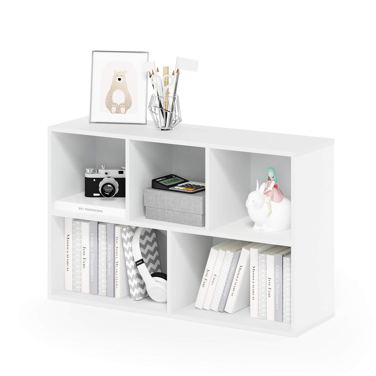 Furinno LUDER 5-cube shelf white front view for neat living room display.