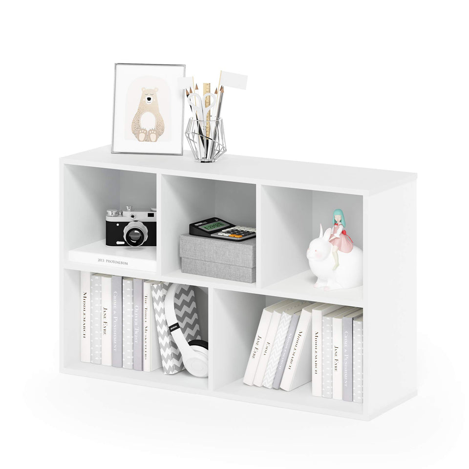 Furinno LUDER 5-cube shelf white front view for neat living room display.