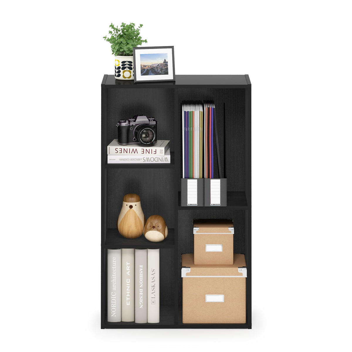 Furinno Luder back-panel stability image underscores steady storage and item containment.