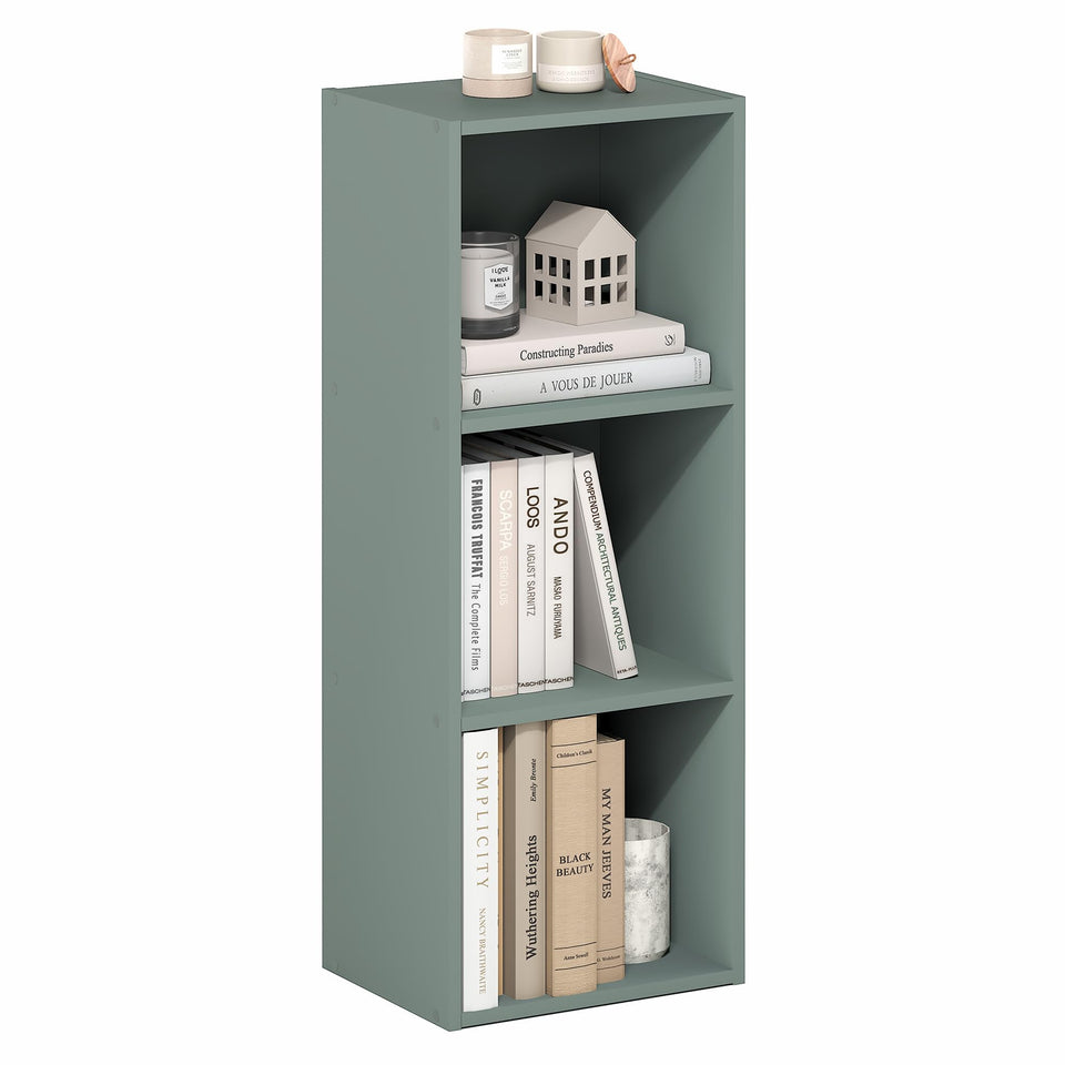Furinno LUDER 3-Cube shelf in sage green with open storage for books and decor.