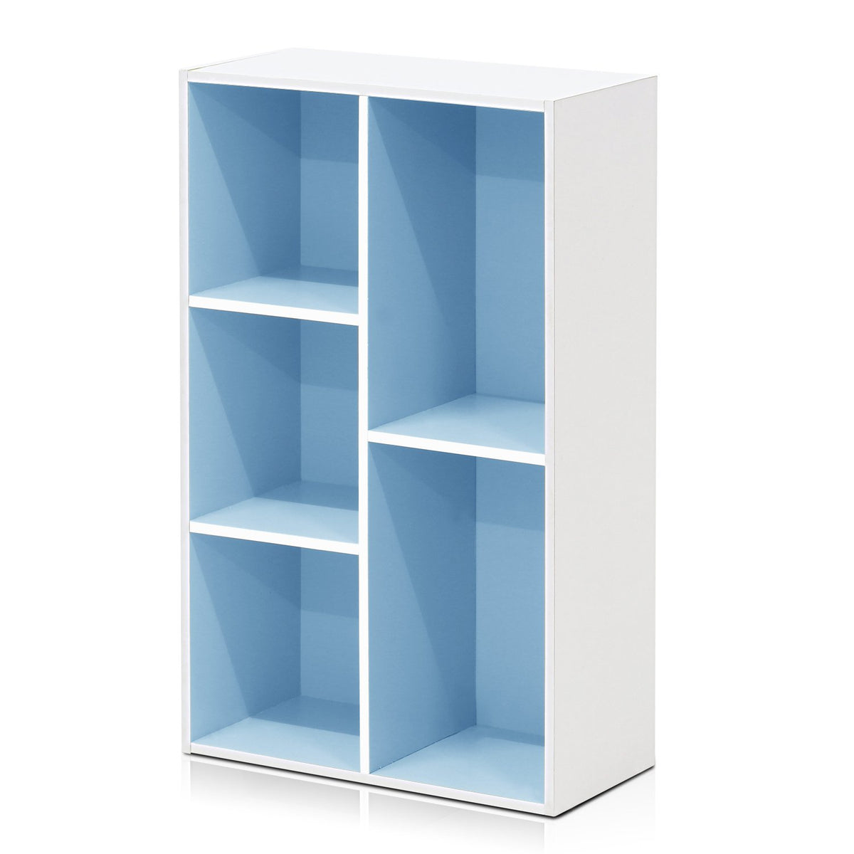 Furinno LUDER book shelf with five open cubes in white and light blue for organized living spaces.