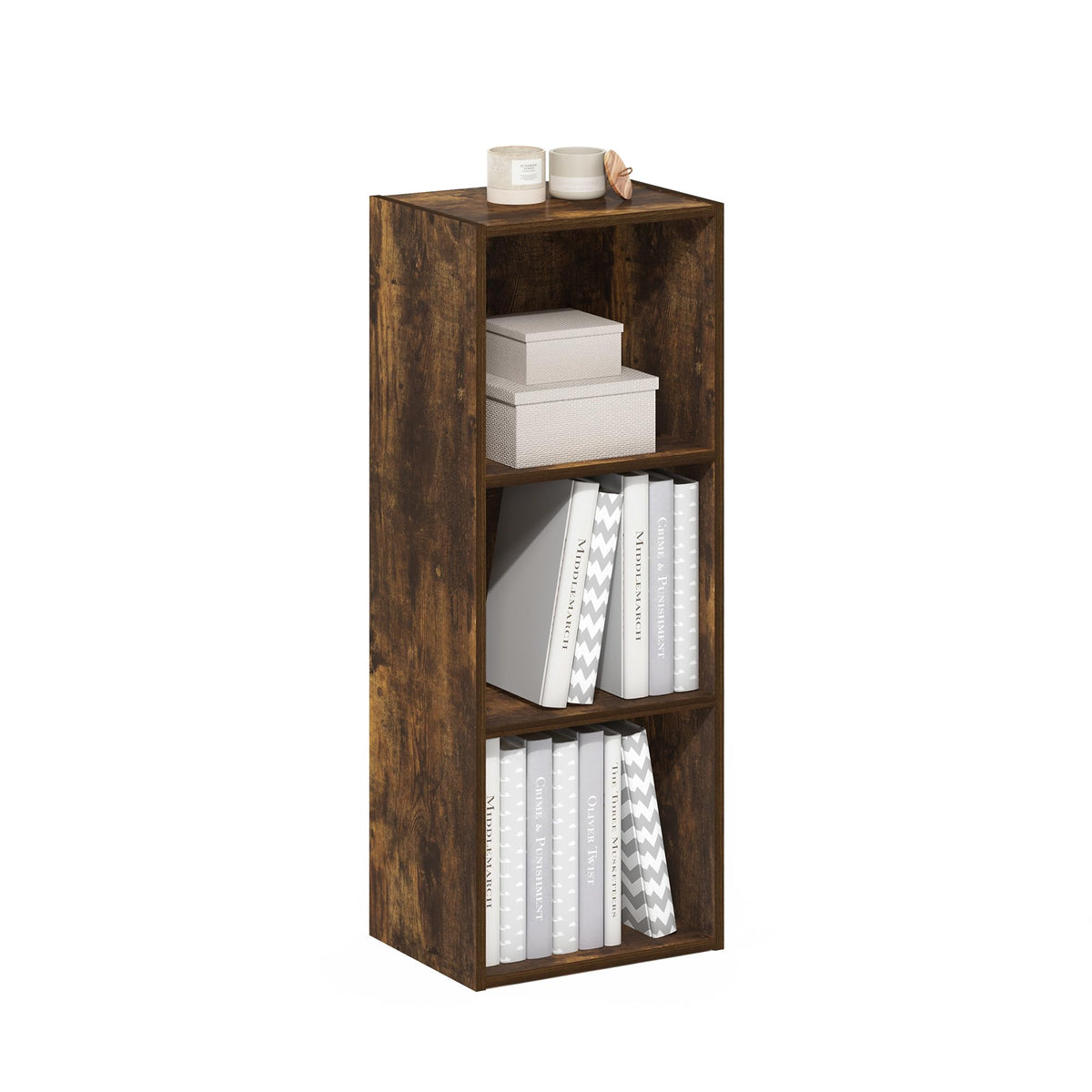Furinno LUDER bookshelf front view in amber pine offers organized storage.
