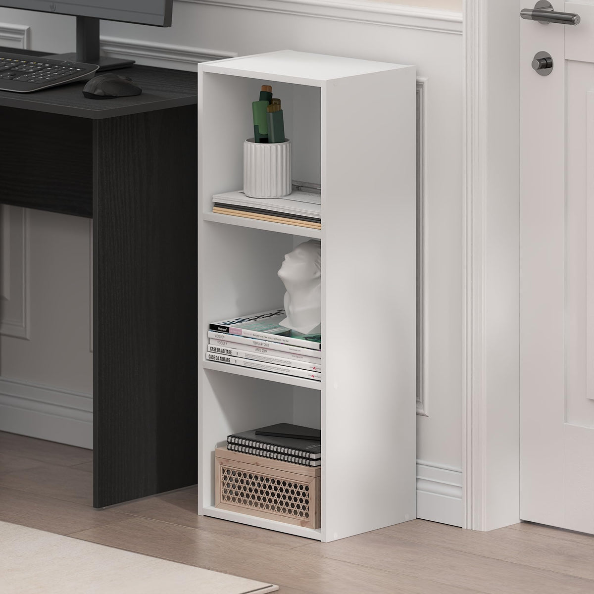 Furinno LUDER front view shows a minimalist white bookshelf in a bright room