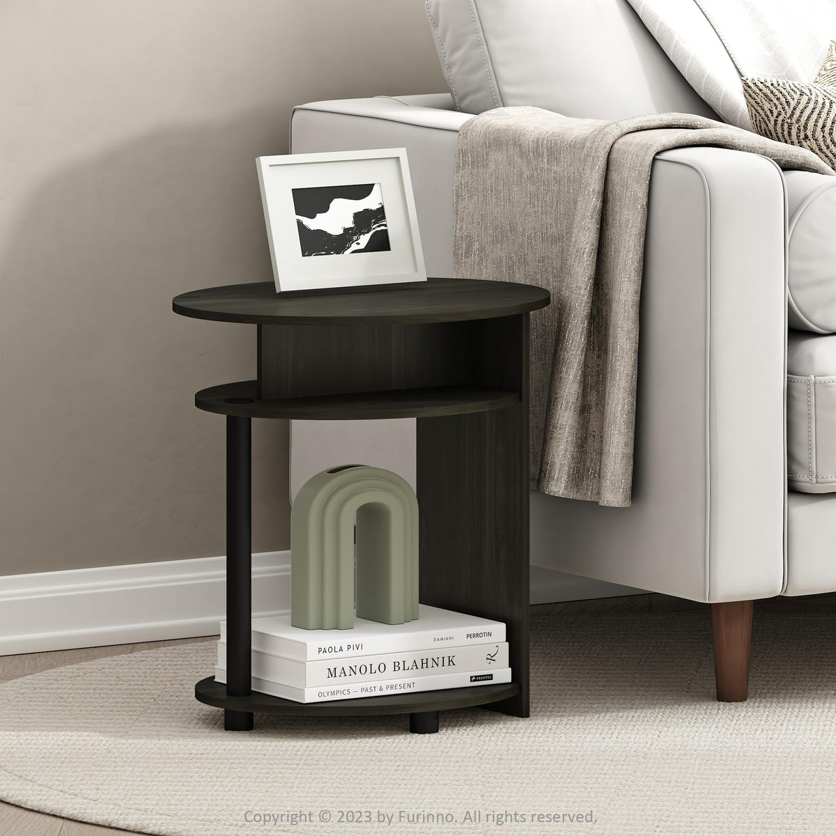 Furinno end table with three open tiers keeps essentials organized