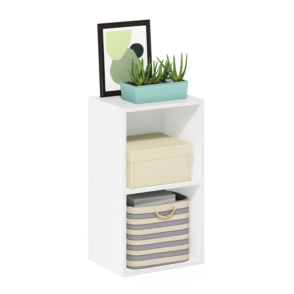 Furinno PASIR 2-tier shelf front view in white, space-saving storage.
